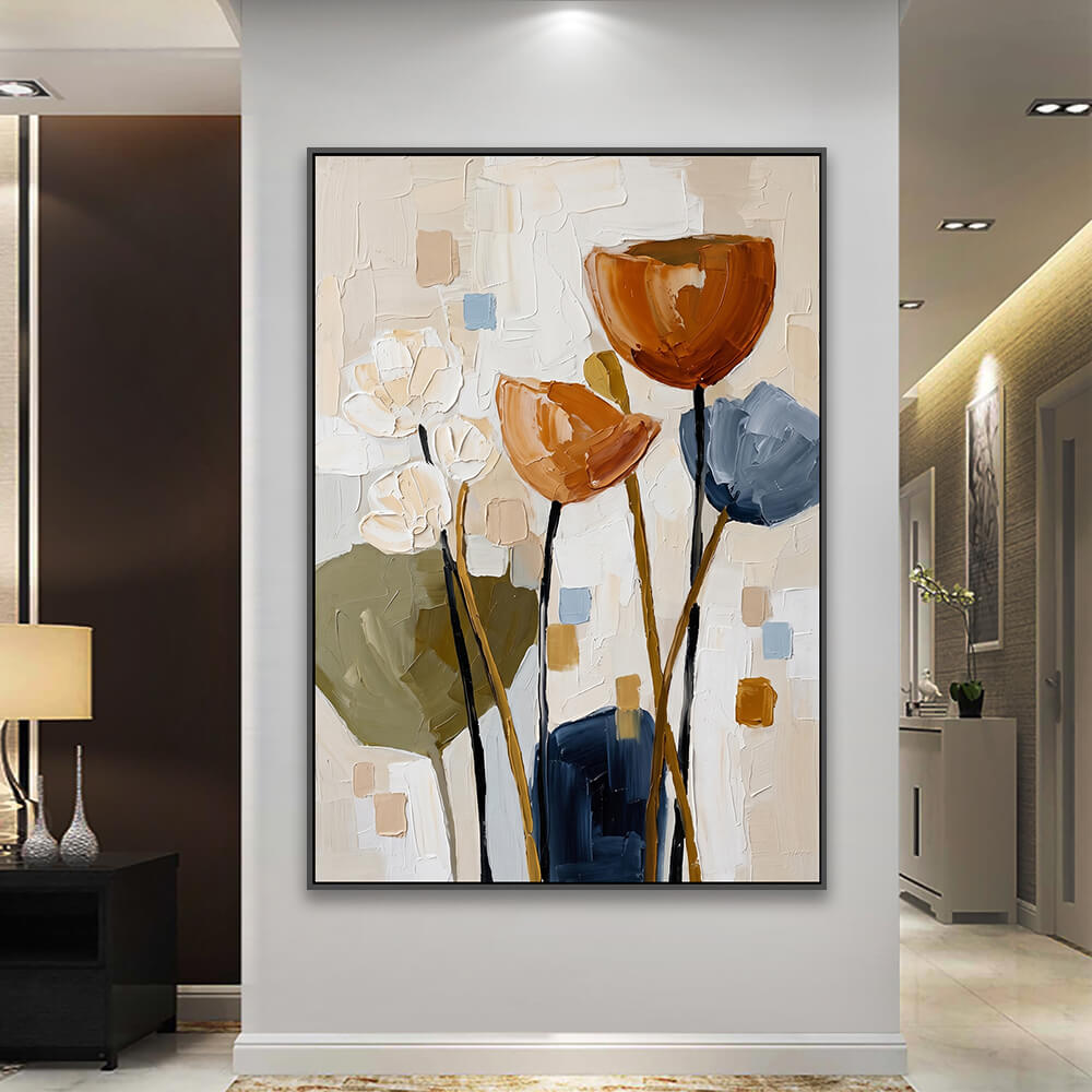 Botanical canvas decorating spacious hallway alongside table lamp and cabinetry