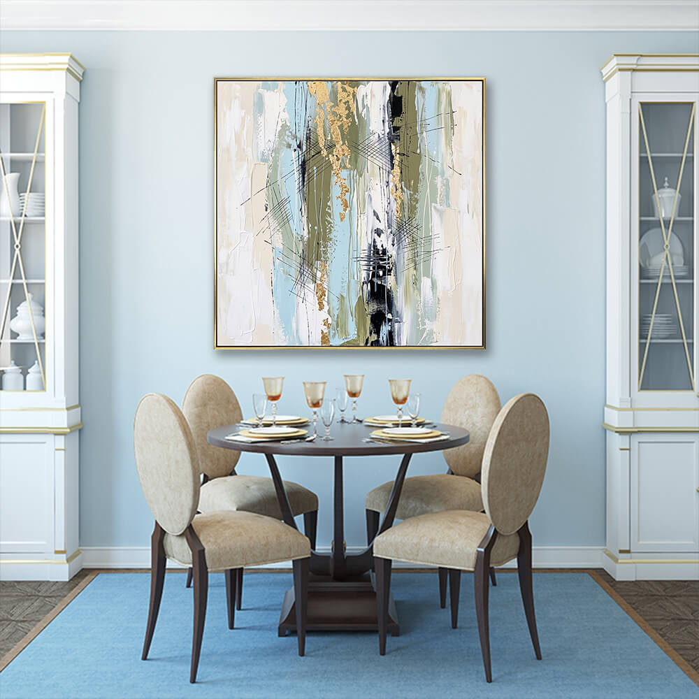 Pale neutral tone vertical gold foil abstract canvas in bright elegant formal dining room interior