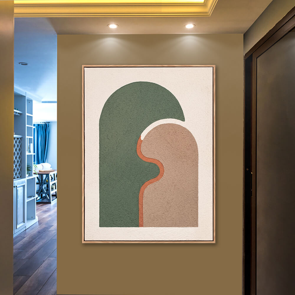 Textured sage green arch painting styled in Scandinavian inspired gallery space