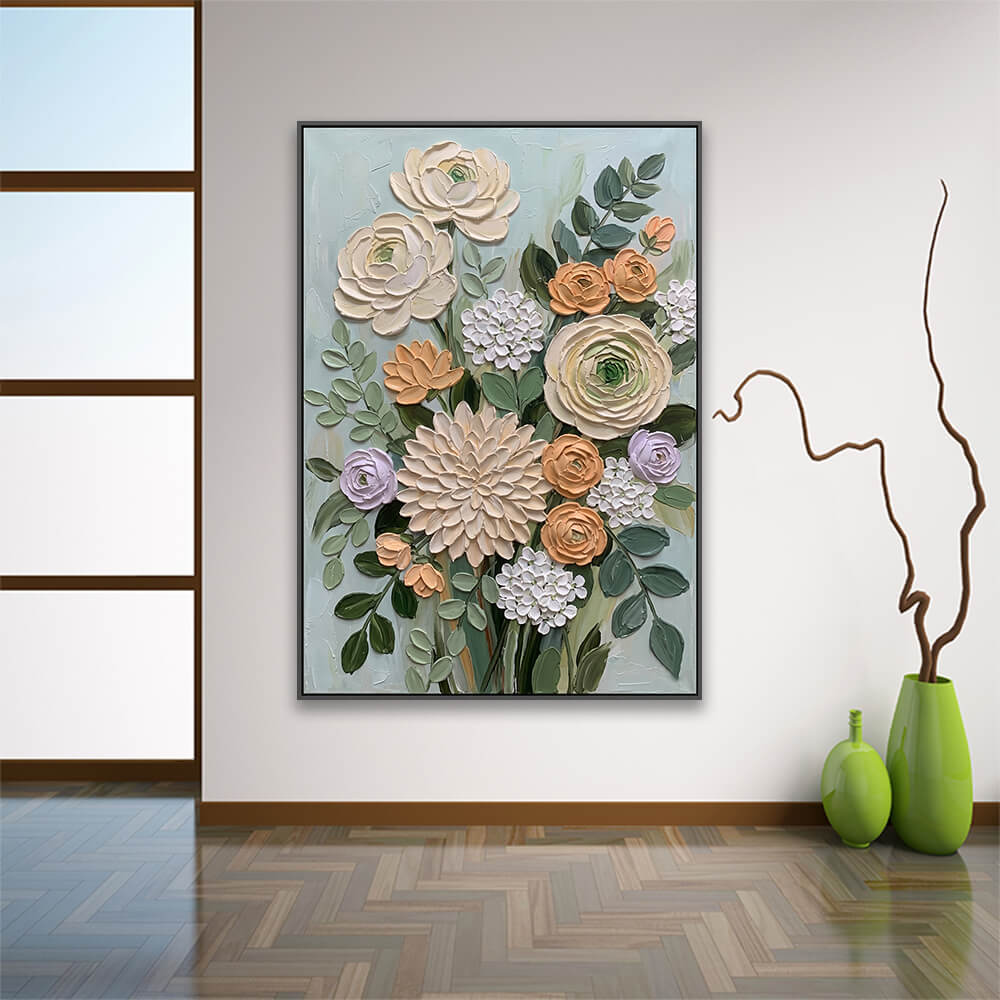 Mixed bloom painting displayed on entryway wall with ceramic vase ornaments