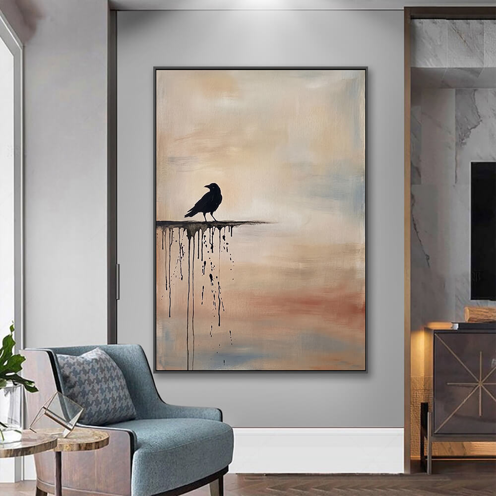 Vertical abstract canvas hung in entryway next to upholstered accent chair