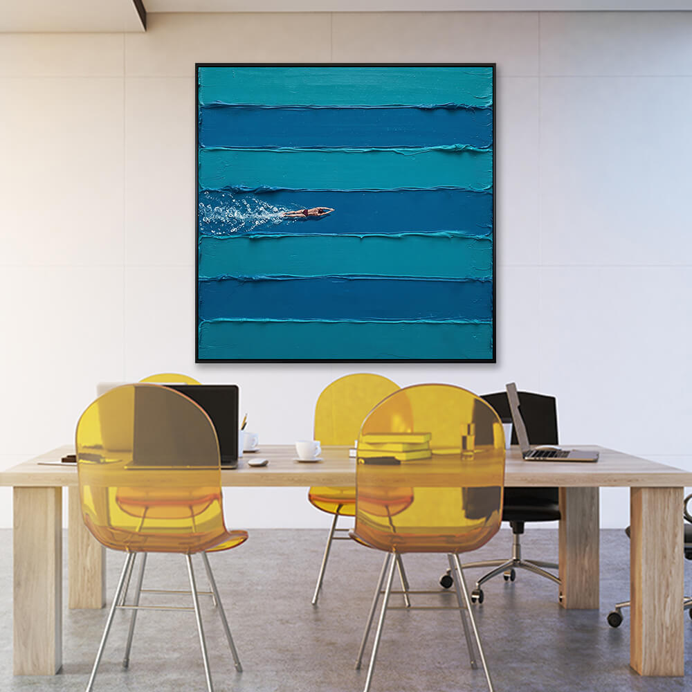 Interior styling view of Turquoise Glide hanging in a modern office above a wooden conference table with yellow chairs.