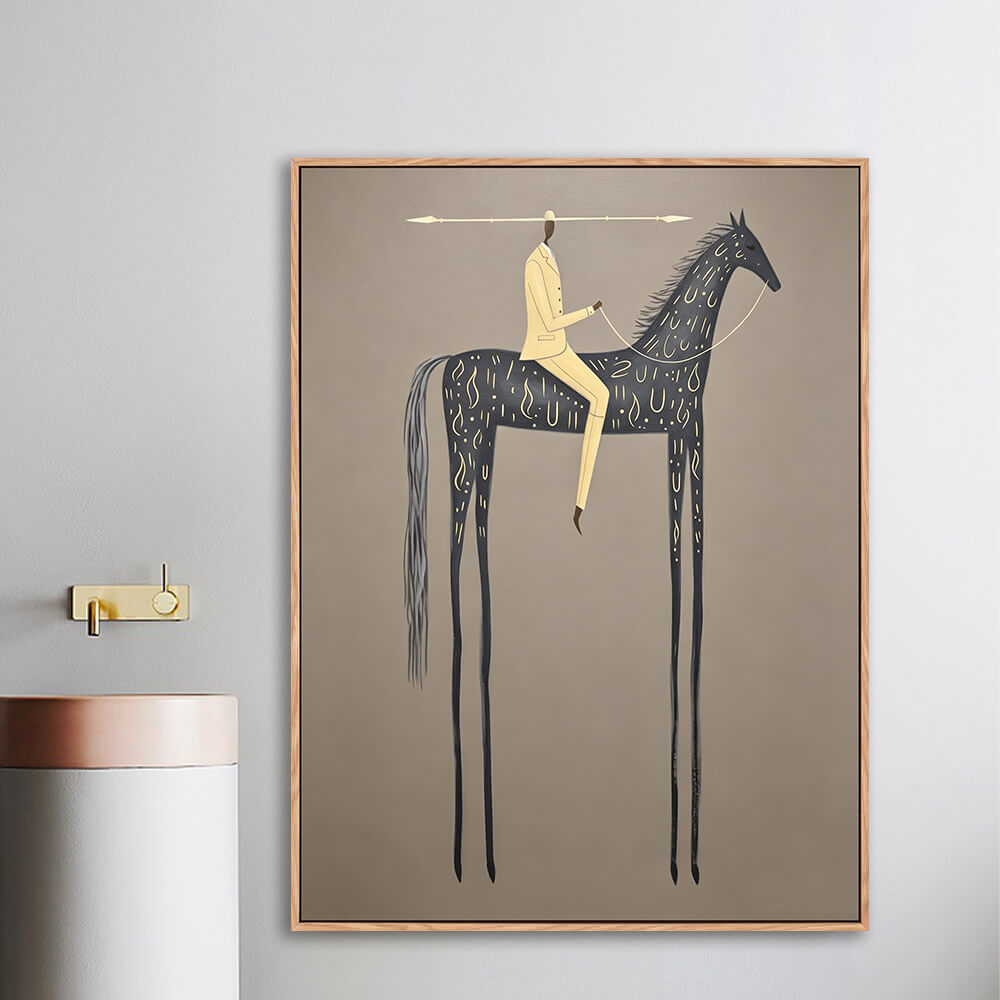 Surreal black horse artwork displayed on entryway console wall