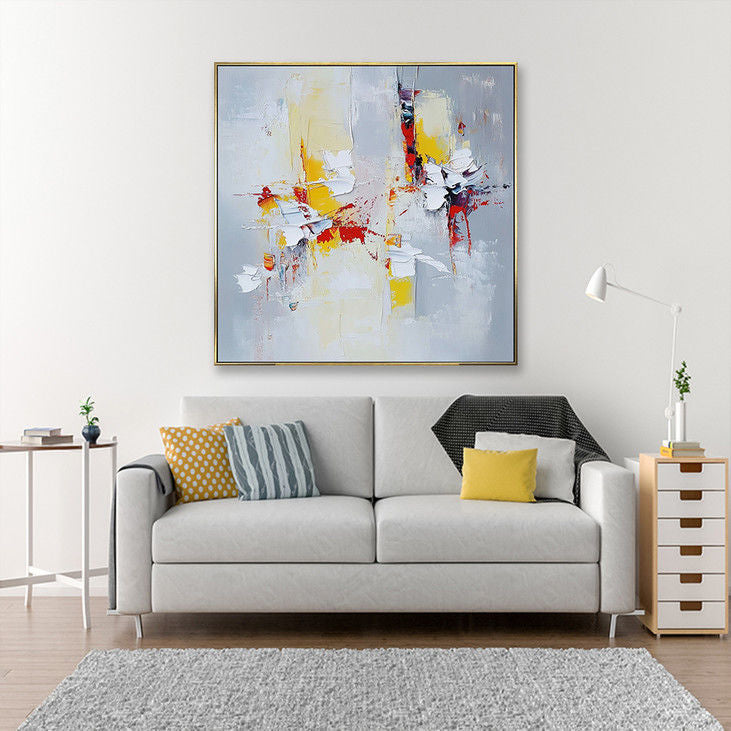 Hand Crafted Impasto Art: Gray, Yellow & Red Contrast #YX133
