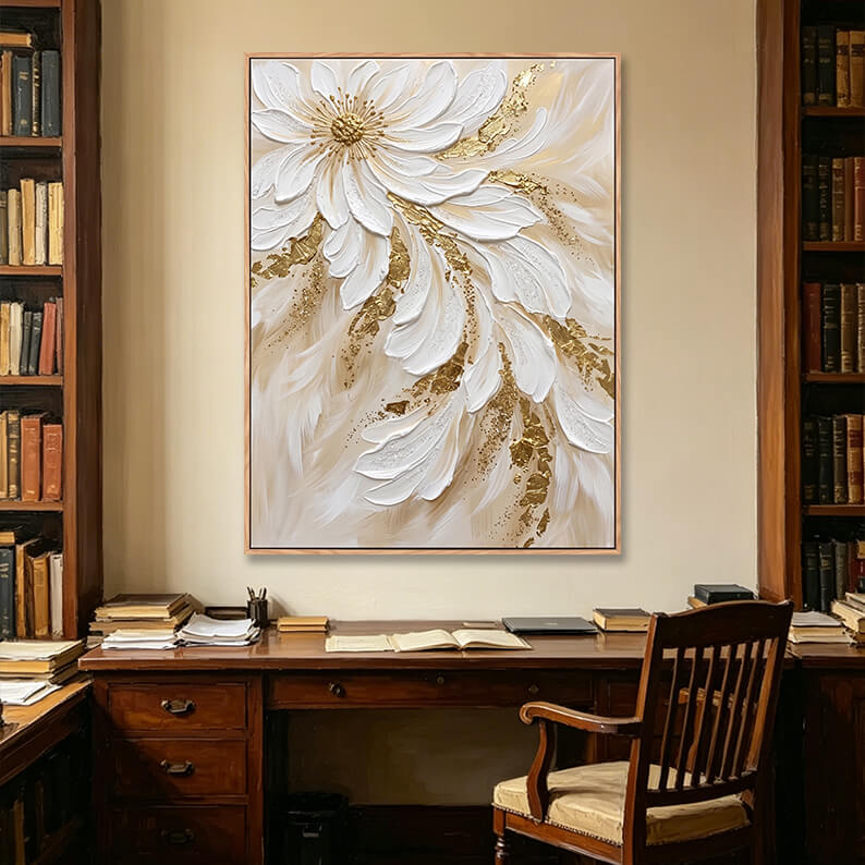 Elegant 3D large white flower cascade painting with gold accents in traditional study room, impasto artwork above vintage wooden desk