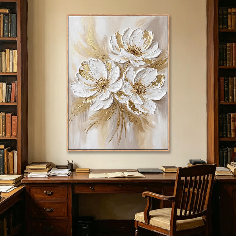 Elegant 3D three white flowers painting with gold details in traditional study room, impasto artwork above vintage wooden desk