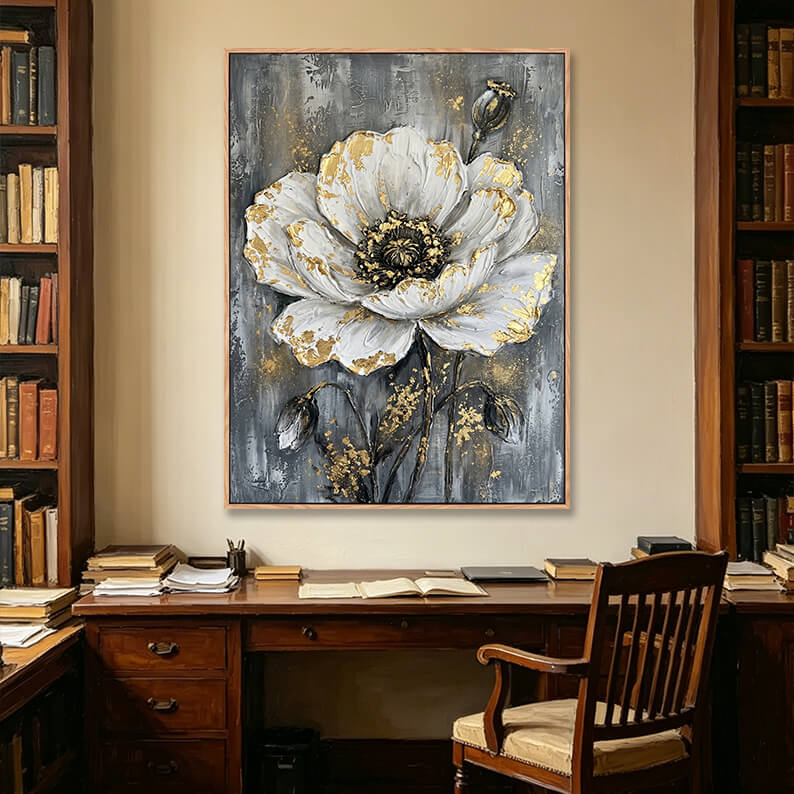 Elegant 3D grey white and gold poppy painting in traditional study room, impasto artwork above vintage wooden desk
