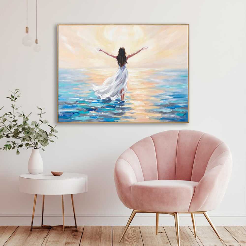 Contemporary impressionism sunrise sea canvas artwork in elegant lounge with blush pink velvet shell chair and gold legs