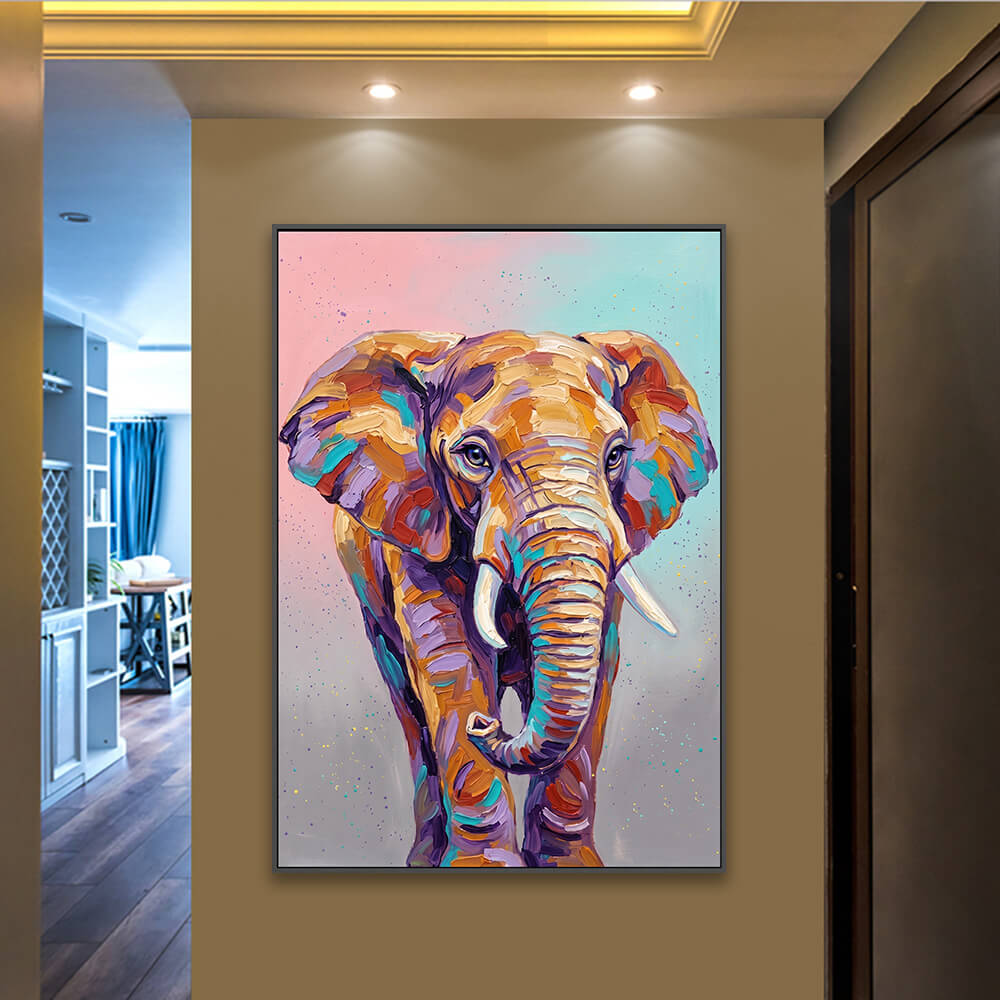 Textured elephant painting installed along corridor with ceiling spotlights