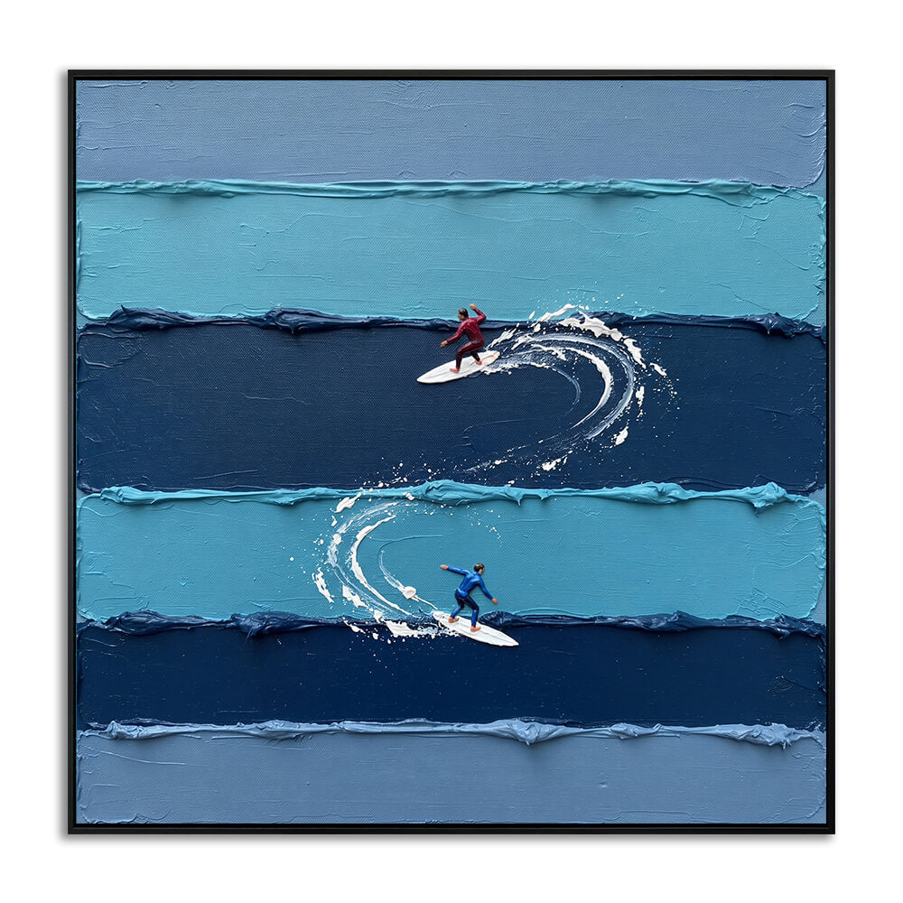 Front-facing studio shot of Oceanic Rhythm heavy impasto blue ocean waves and surfers hand painted canvas.