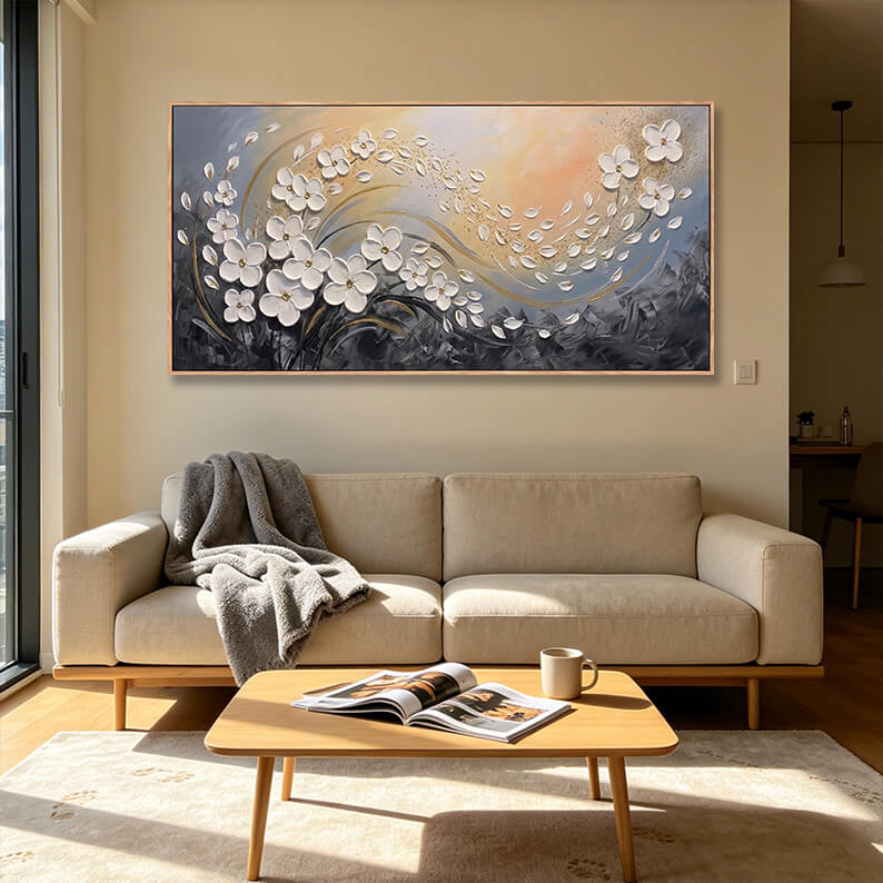 Elegant white blossom landscape painting highlighting thick impasto textures on dark grey and metallic amber tones.