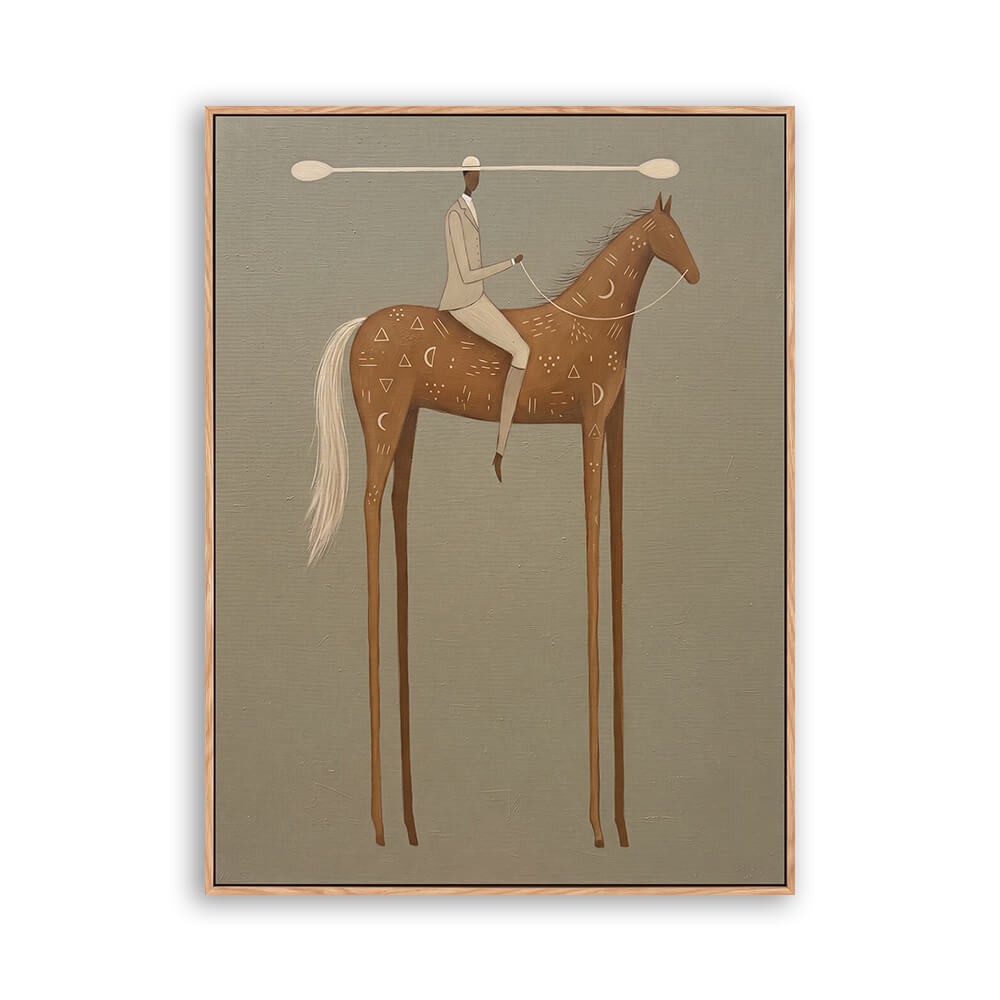 Square hand painted figurative canvas, whimsical long-legged horse and suited rider, sage grey background, soft layered brushwork