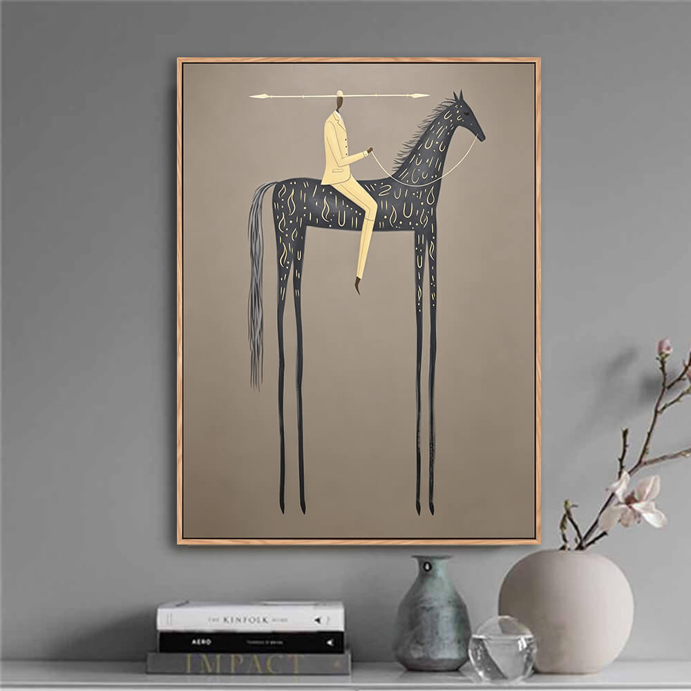 Neutral dark equestrian canvas decorating hallway next to table lamp and cabinetry