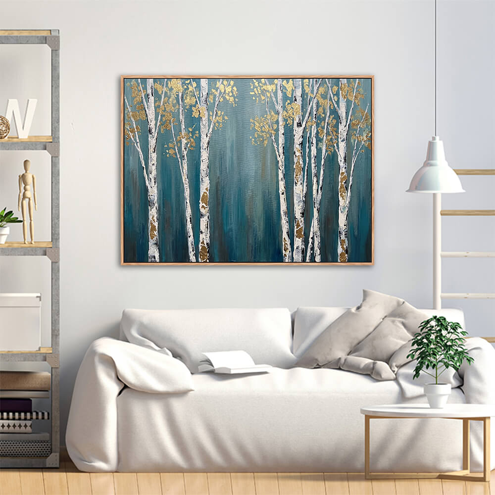 Bright minimalist living room, wooden framed horizontal birch forest artwork, thick impasto texture white birch trees and golden foliage