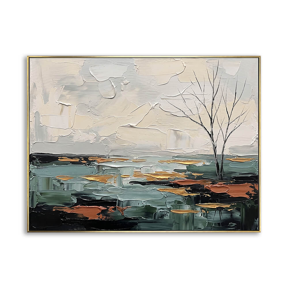 Hand-painted teal and gold abstract landscape canvas with a lone bare tree by the water, thick palette knife impasto texture, gold frame, white background