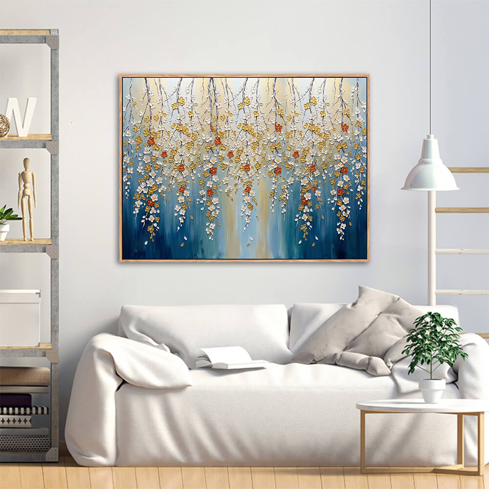 Minimal bright living room, wooden framed horizontal weeping floral artwork, thick texture white and golden trailing spring blossoms