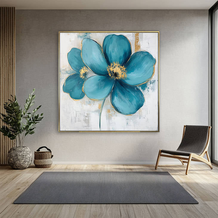 Hand Painted Teal Flower Canvas Wall Art with Gold Accents #YX299