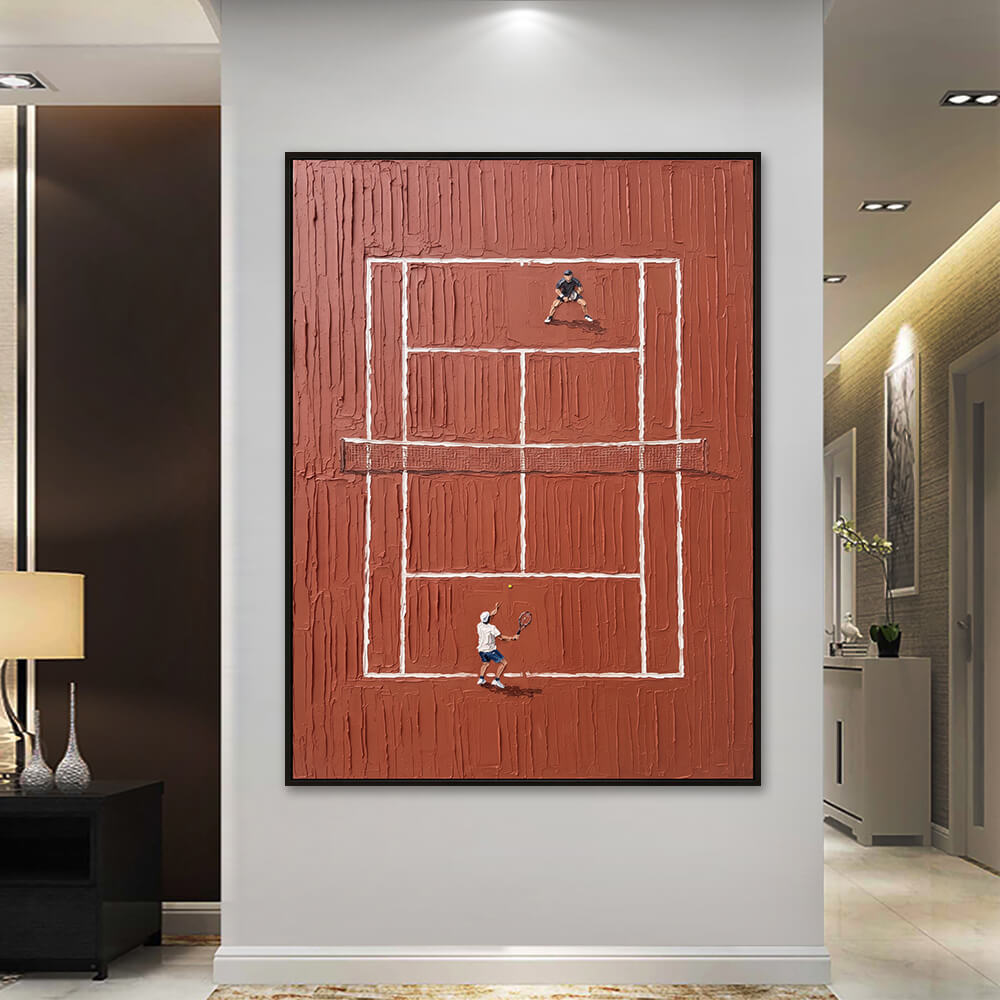 Interior styling view of Red Clay Tennis Court contemporary tennis artwork hanging in a bright luxury hallway.