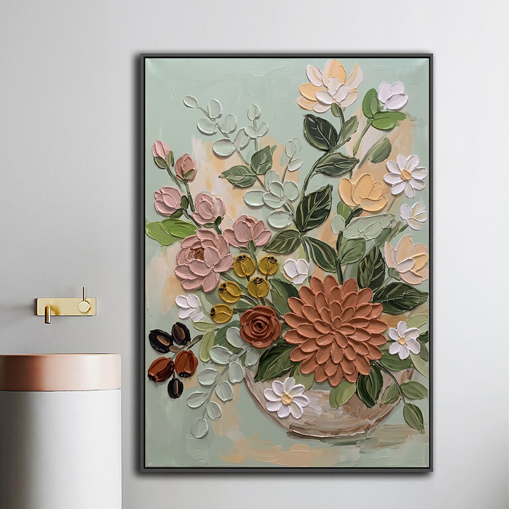 Framed vase bouquet painting mounted beside bathroom vanity for powder room decor
