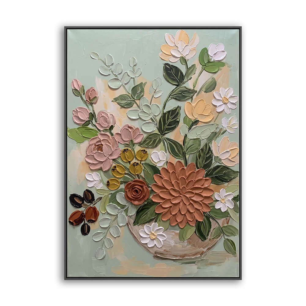 Vertical hand painted floral canvas, textured mixed flower bouquet inside clay vase, mint background, soft layered brushwork