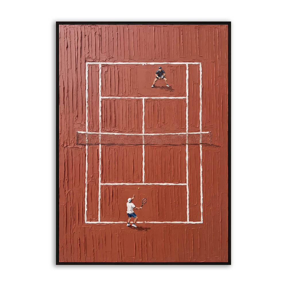 Studio front view of Red Clay Tennis Court heavy texture tennis painting wall art featuring vertical strokes, white boundary lines, and competing tennis players.