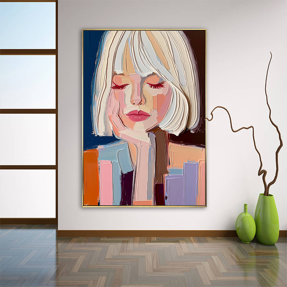 Contemporary female face textured oil painting displayed elegantly above wooden floors in a minimalist living room interior.