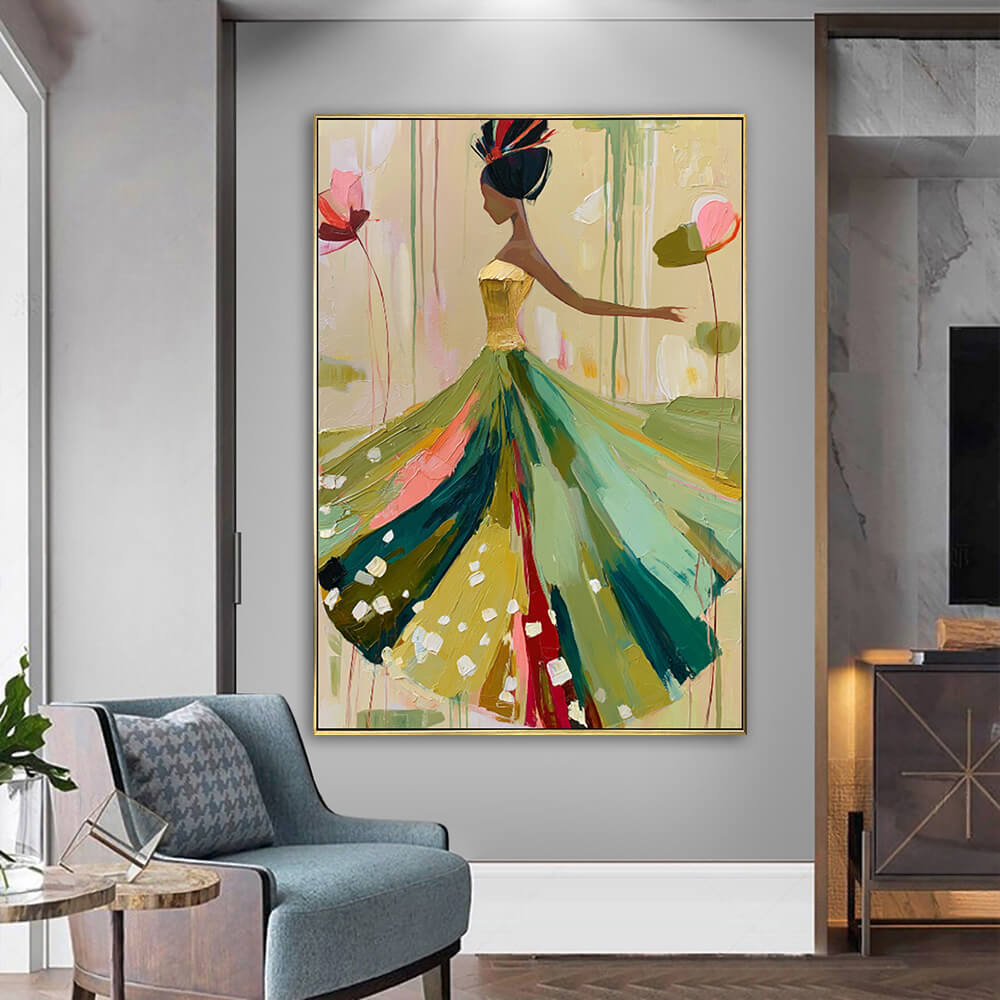 Interior styling view of Ethereal Stride textured dress canvas piece hanging in a contemporary living room above a grey armchair.