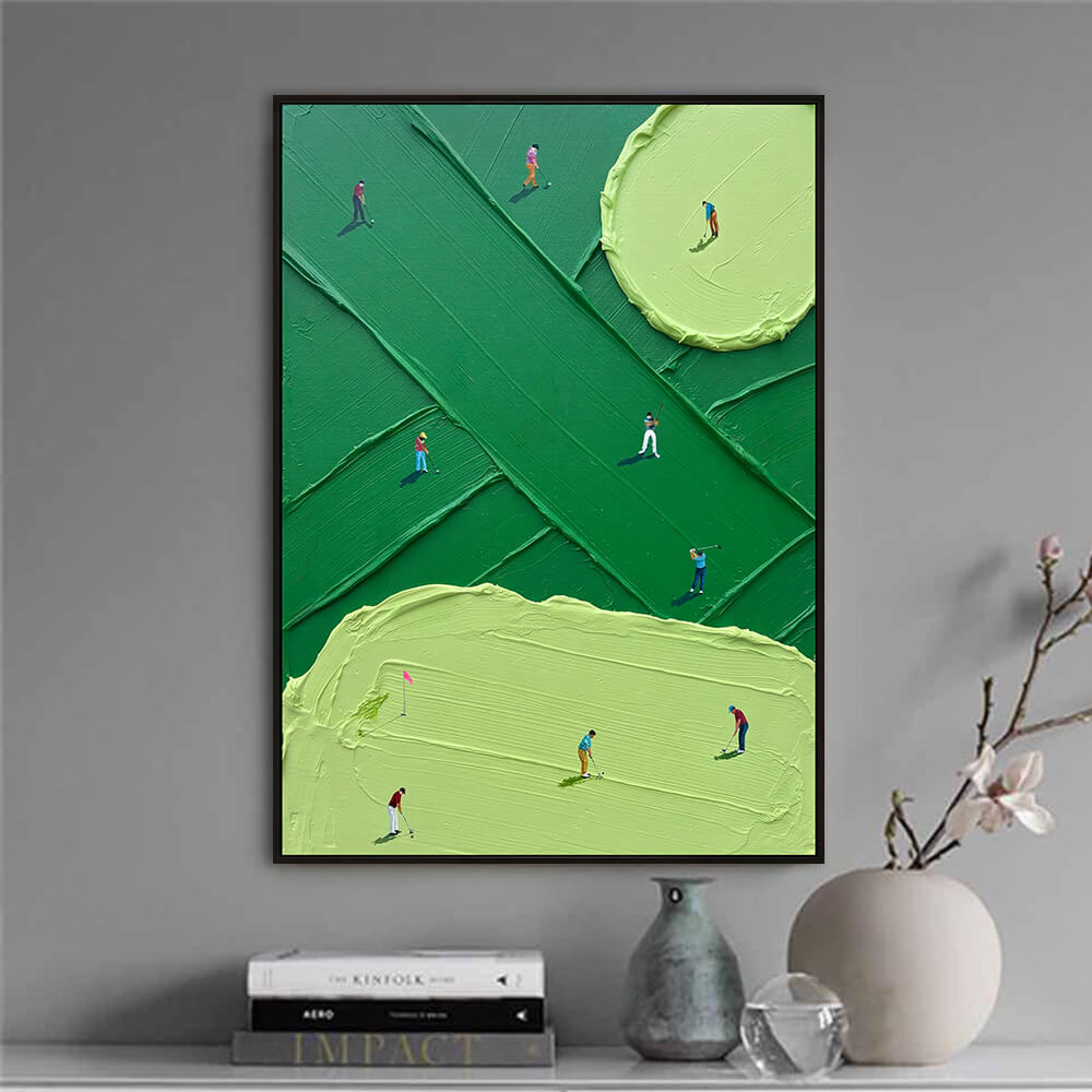 Interior styling view of Emerald Fairway textured fairway court painting art hanging above a table set with books and a vase.