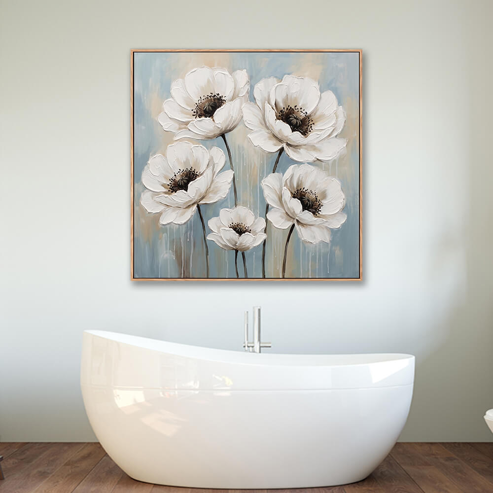 Framed white poppy flowers textured painting above bathtub in modern bathroom interior