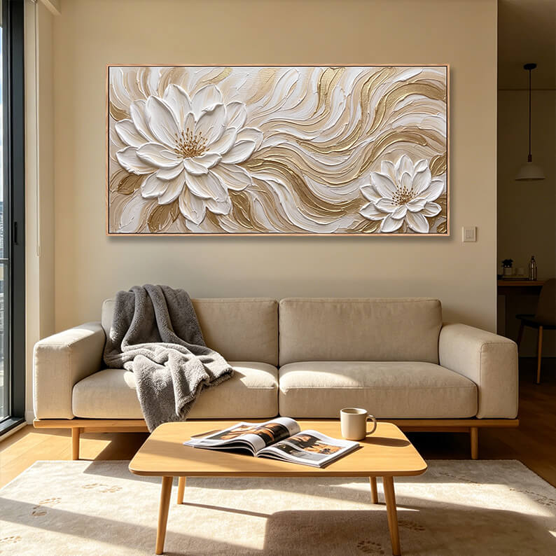 Hand painted 3D floral wall art, white sculpted flowers with metallic gold flowing texture, heavy impasto oil painting, elegant gold and white decor for modern living room
