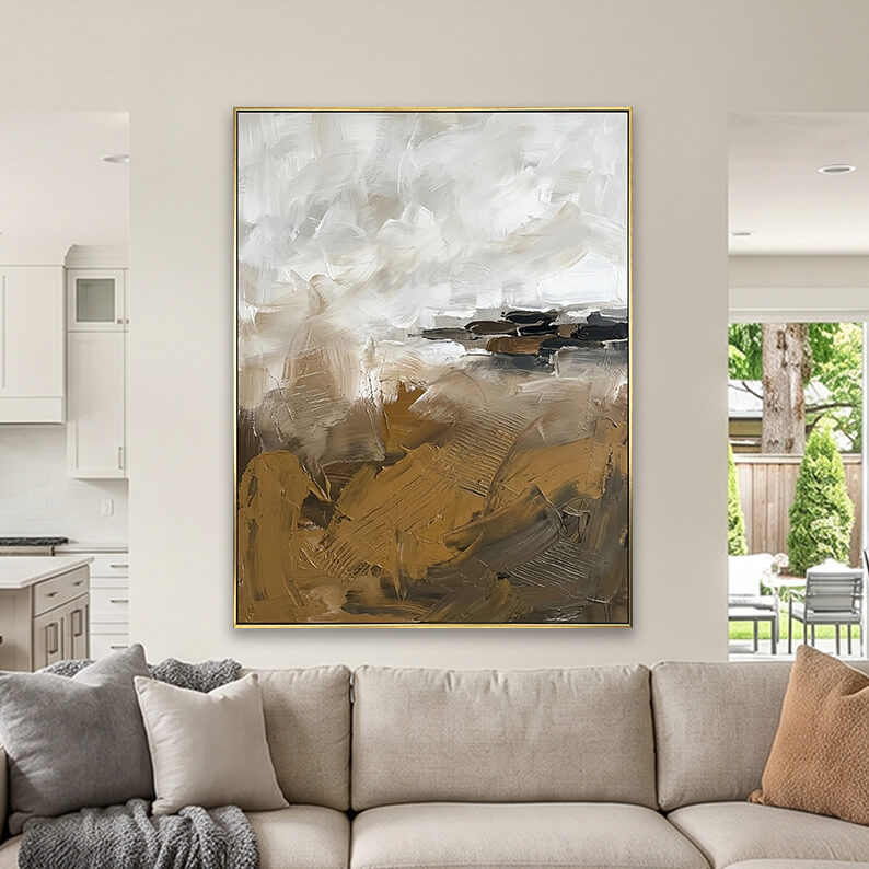 Large hand-painted abstract texture canvas art hanging on a wall in a bright sunroom with large windows.