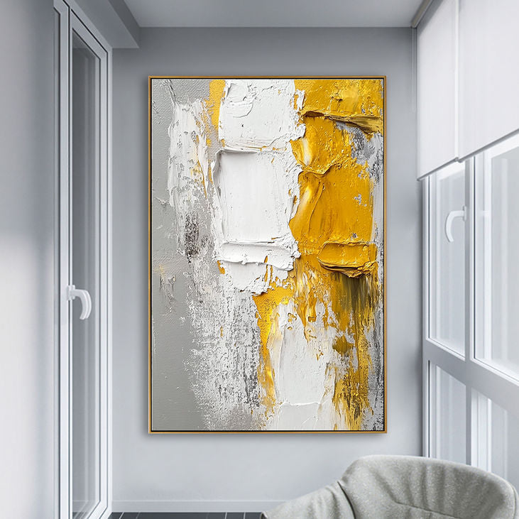 Abstract Canvas Art: Modern Yellow and White #YX193