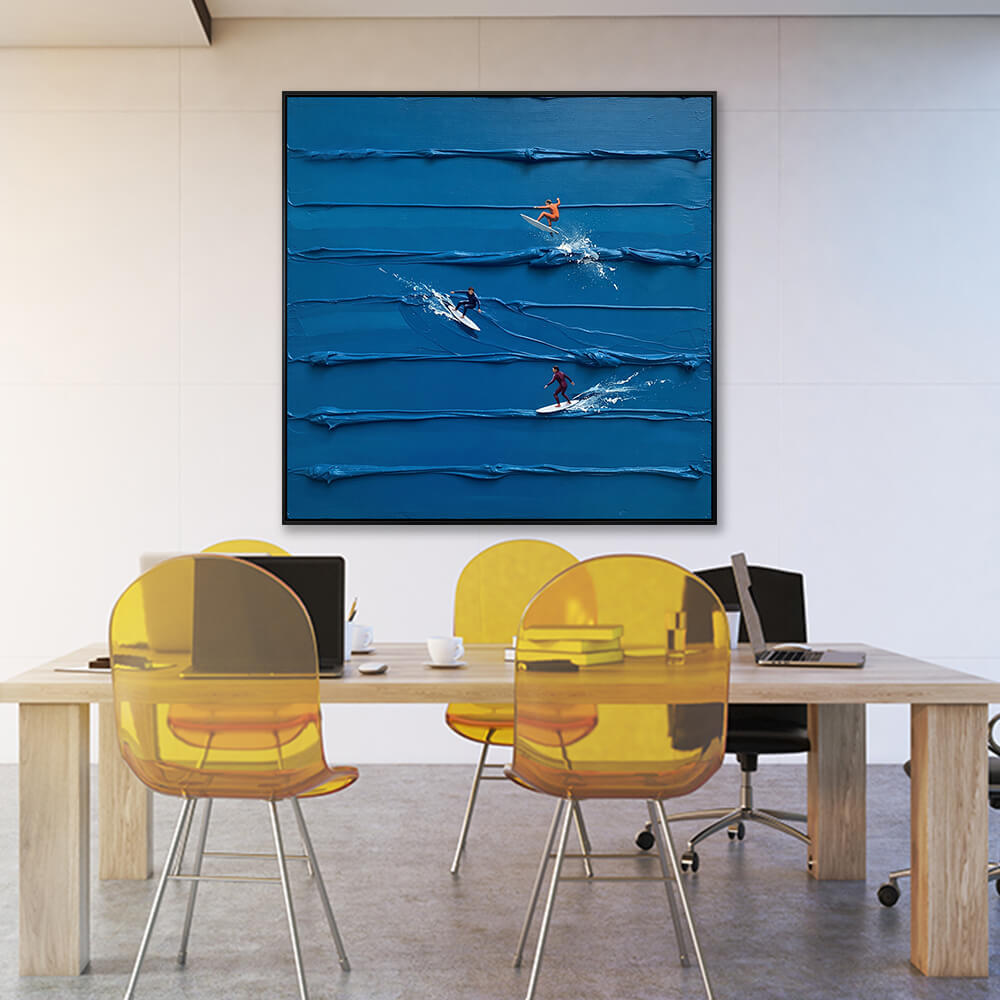 Interior styling view of Azure Surf Break hanging in a modern office above a wooden conference table with yellow chairs.