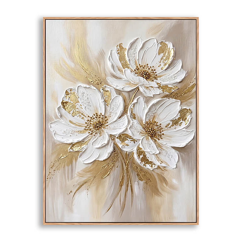 Vertical hand painted canvas featuring three large sculpted white flowers with luxurious gold leaf accents, heavy 3D impasto texture on neutral beige background, elegant luxury floral artwork