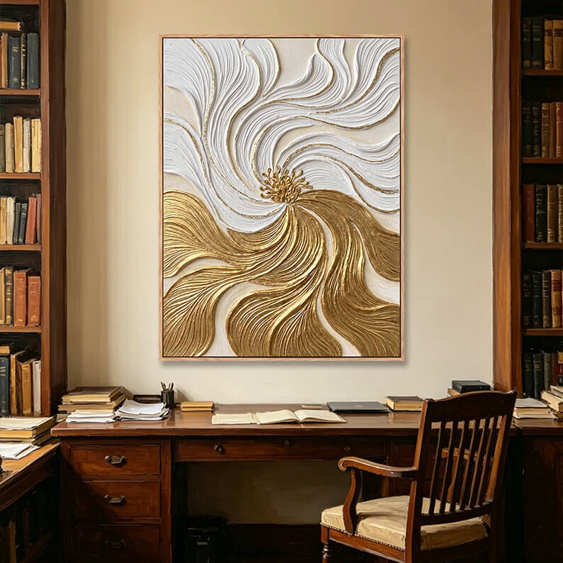 Vertical gold and white abstract flower painting in traditional study room, heavy impasto artwork above vintage wooden desk with bookshelves, classic home decor