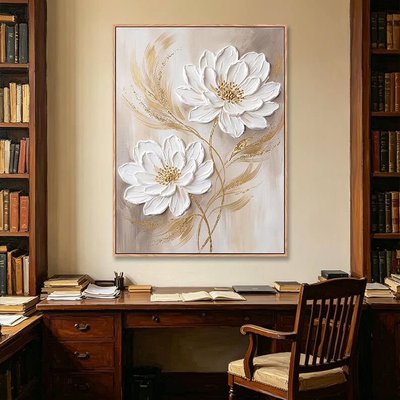 Elegant 3D white and gold flower painting in traditional study room, impasto artwork above vintage wooden desk with bookshelves