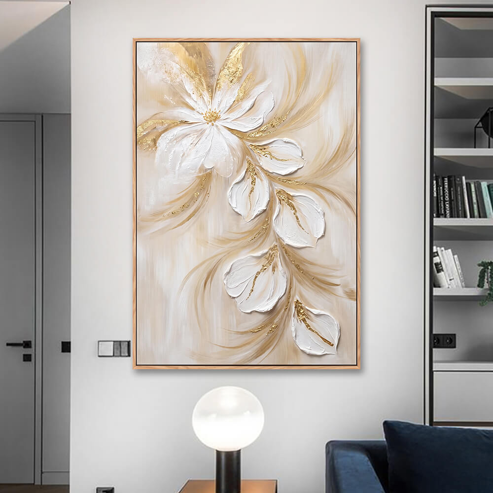 Modern living room feature wall, beige tone abstract impasto flower painting, cascading white petals with shimmering gold details