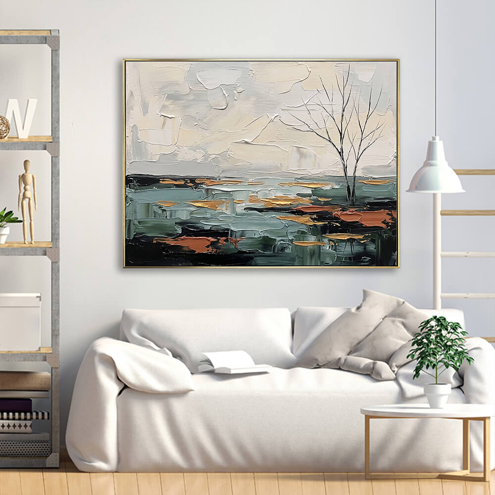 Hand-painted abstract tree canvas painting displayed above a white linen sofa in a bright minimalist living room