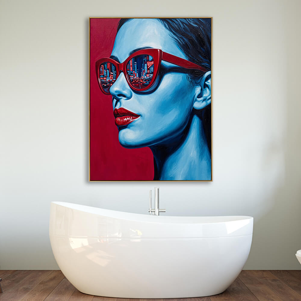 Modern pop art city reflection woman canvas mounted above large freestanding white bathtub in warm minimalist bathroom