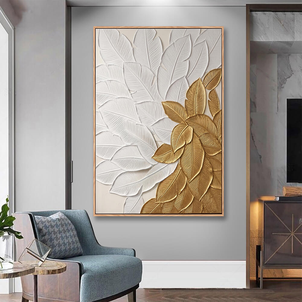Modern living room interior, framed vertical sculptural leaf wall art, white and gold thick texture banana leaf canvas, light luxury neutral home decor