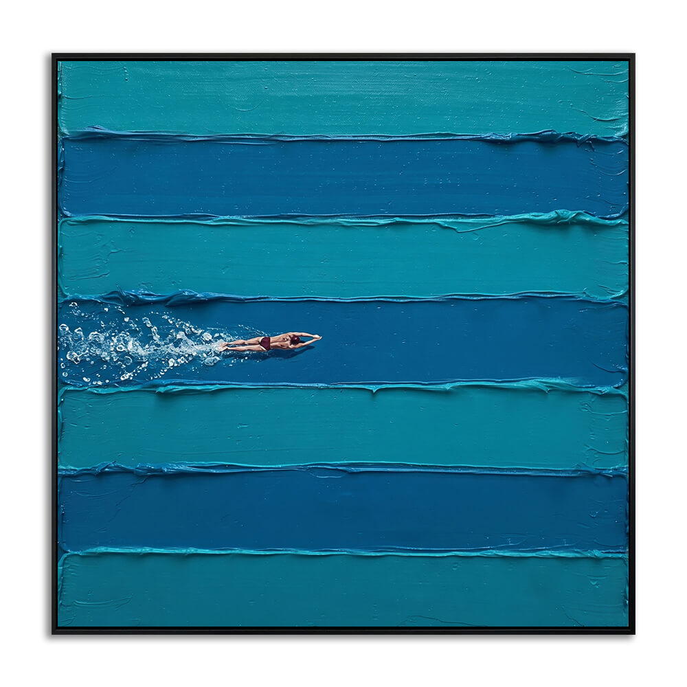 Studio front view of Turquoise Glide heavy texture hand painted canvas featuring a single swimmer and raised turquoise water texture.