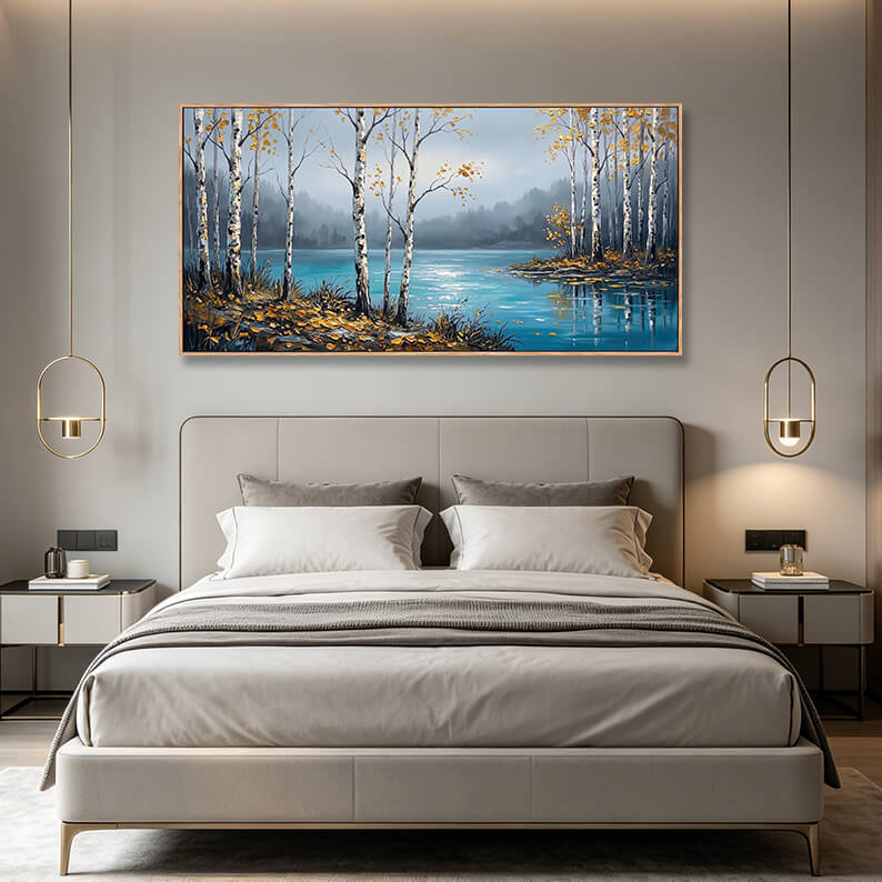Original hand painted canvas wall art, birch trees by turquoise lake with water reflections, misty autumn landscape, thick textured oil painting, calming nature inspired home decor