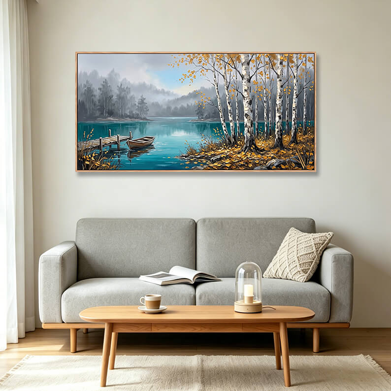 Original hand painted canvas wall art, birch trees by turquoise lake with rowboat at wooden dock, misty autumn landscape, thick textured oil painting, rustic nature inspired home decor