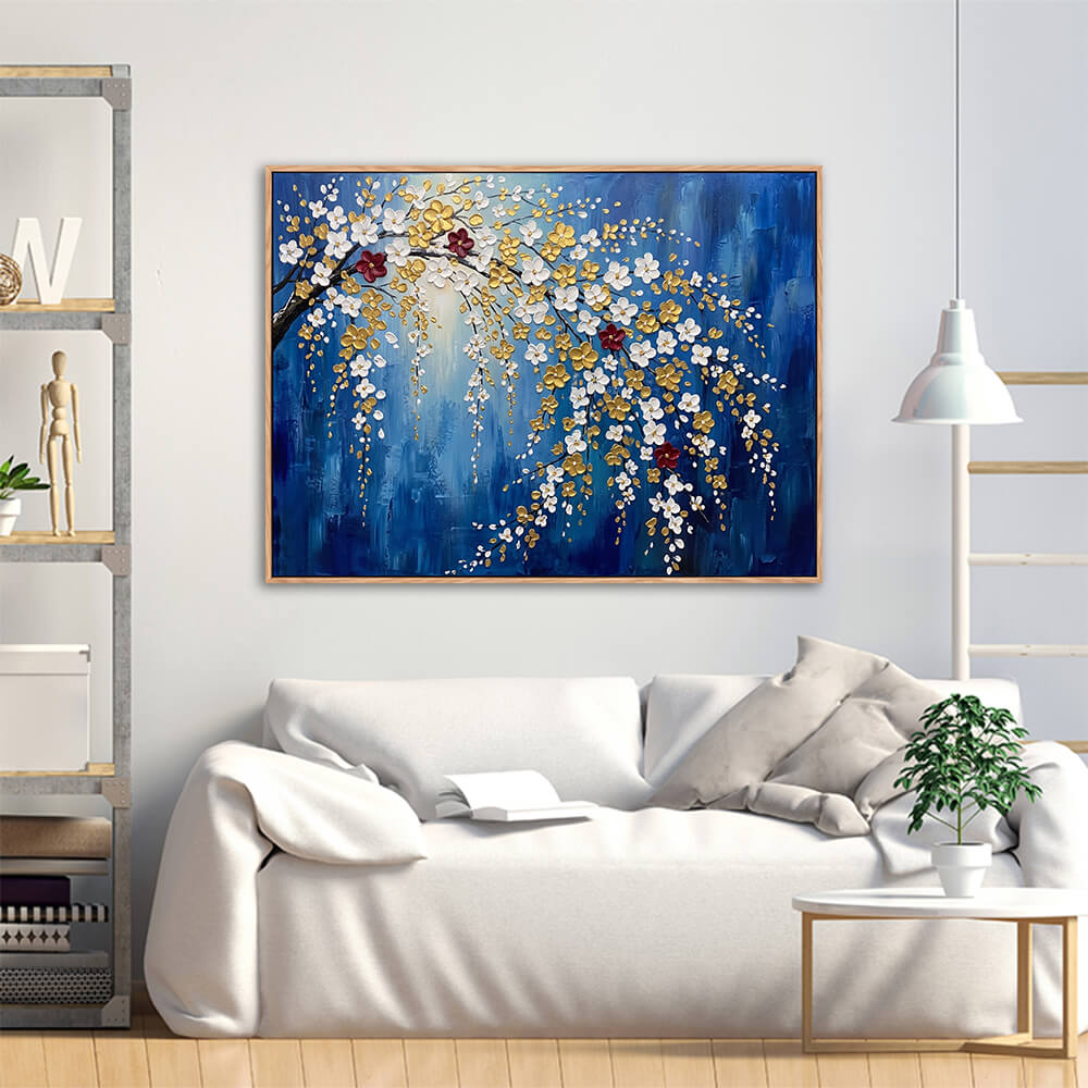 Bright minimalist living room, wooden framed horizontal hanging plum blossom artwork, thick texture white and golden trailing flowers