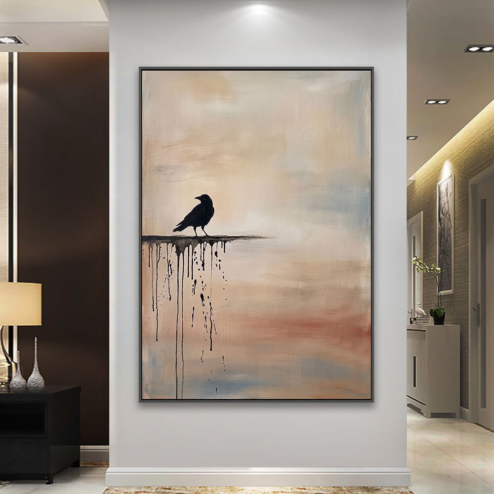 Abstract bird canvas decorating spacious hallway alongside table lamp and cabinetry