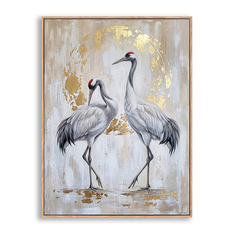 Vertical hand painted canvas featuring two elegant red-crowned cranes with white plumage and red crowns, shimmering gold leaf halo circle on textured beige background, Asian-inspired luxury bird artwork