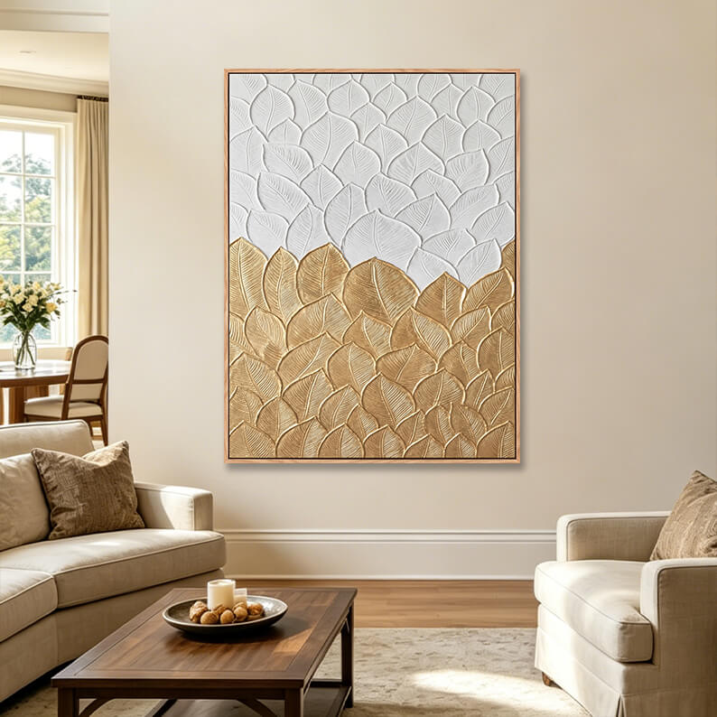 Large vertical textured two-tone leaf painting with white top and gold bottom, sculpted leaves with detailed veins, heavy 3D impasto relief texture