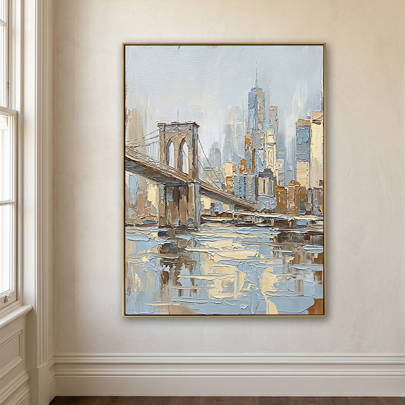 Detailed view of a textured New York City painting on a clean white wall with classic floor molding.