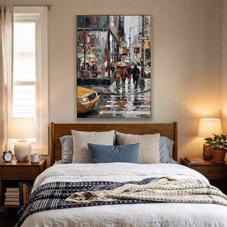 Moody rainy NYC wall art as a focal point in a master bedroom with a wooden headboard.