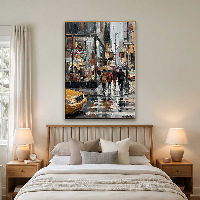 Minimalist bedroom interior featuring a large hand-painted urban rainy scene above a bed.